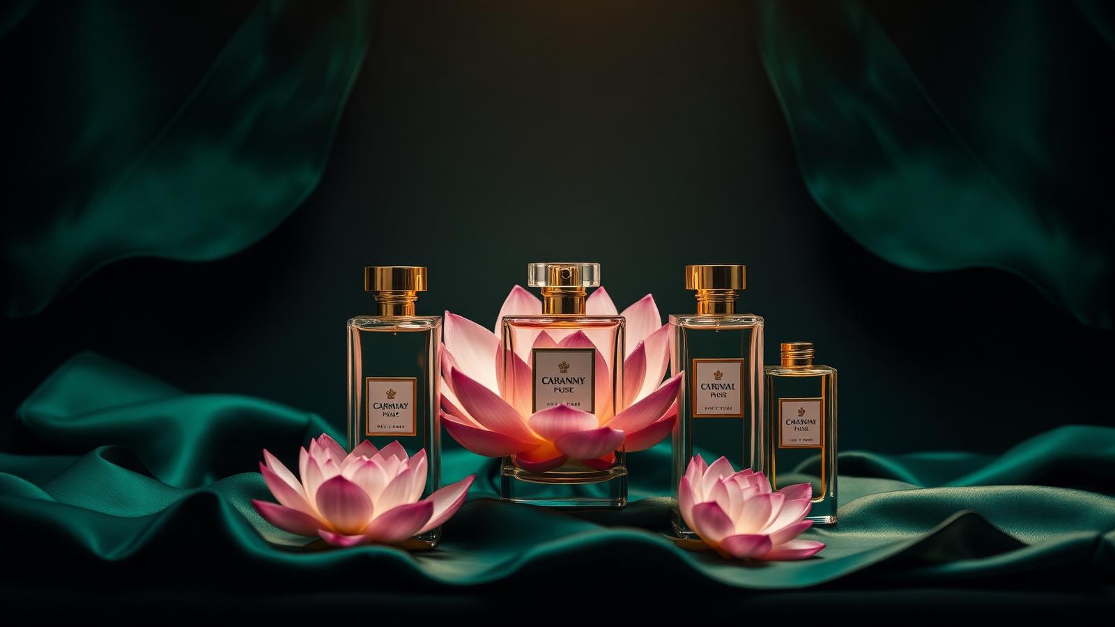 Frascos de perfume sobre seda verde com flores de lótus